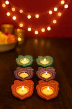 Shri candle diyas lit in a diwali decoration background