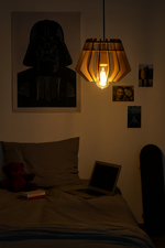 Dark bedroom with a MDF ceiling lamp, laptop, and posters on the wall.