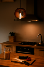 Kitchen counter with a jar of spices, cutting board with vegetables, and MDF pendant light.