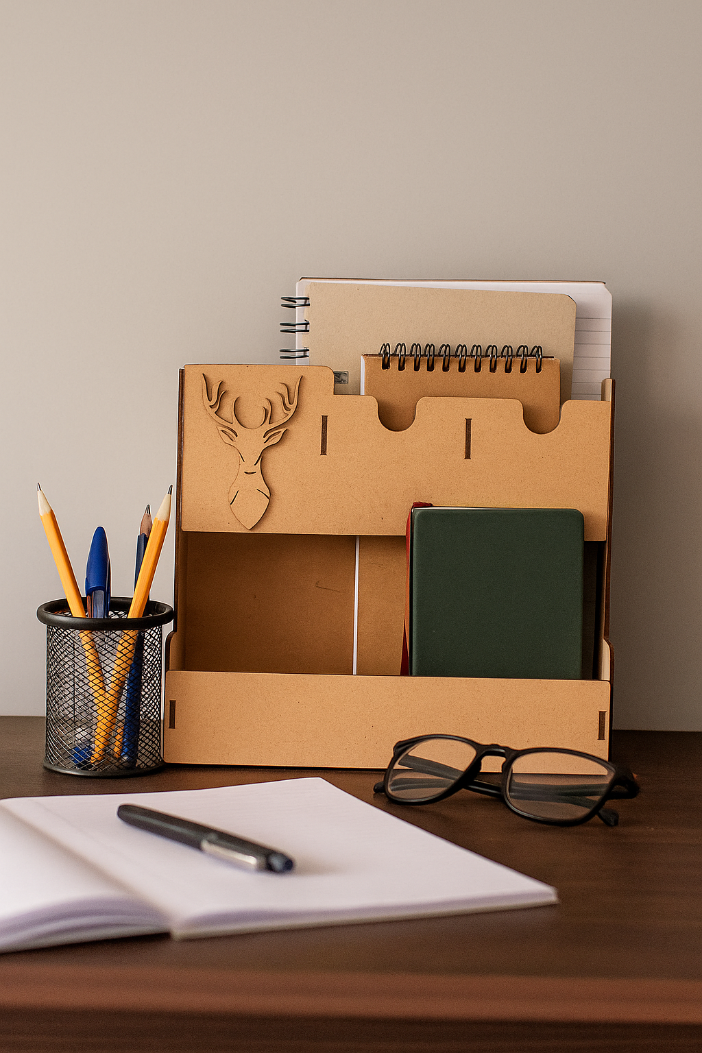 MDF desk organizer with stationery items on a wooden surface.