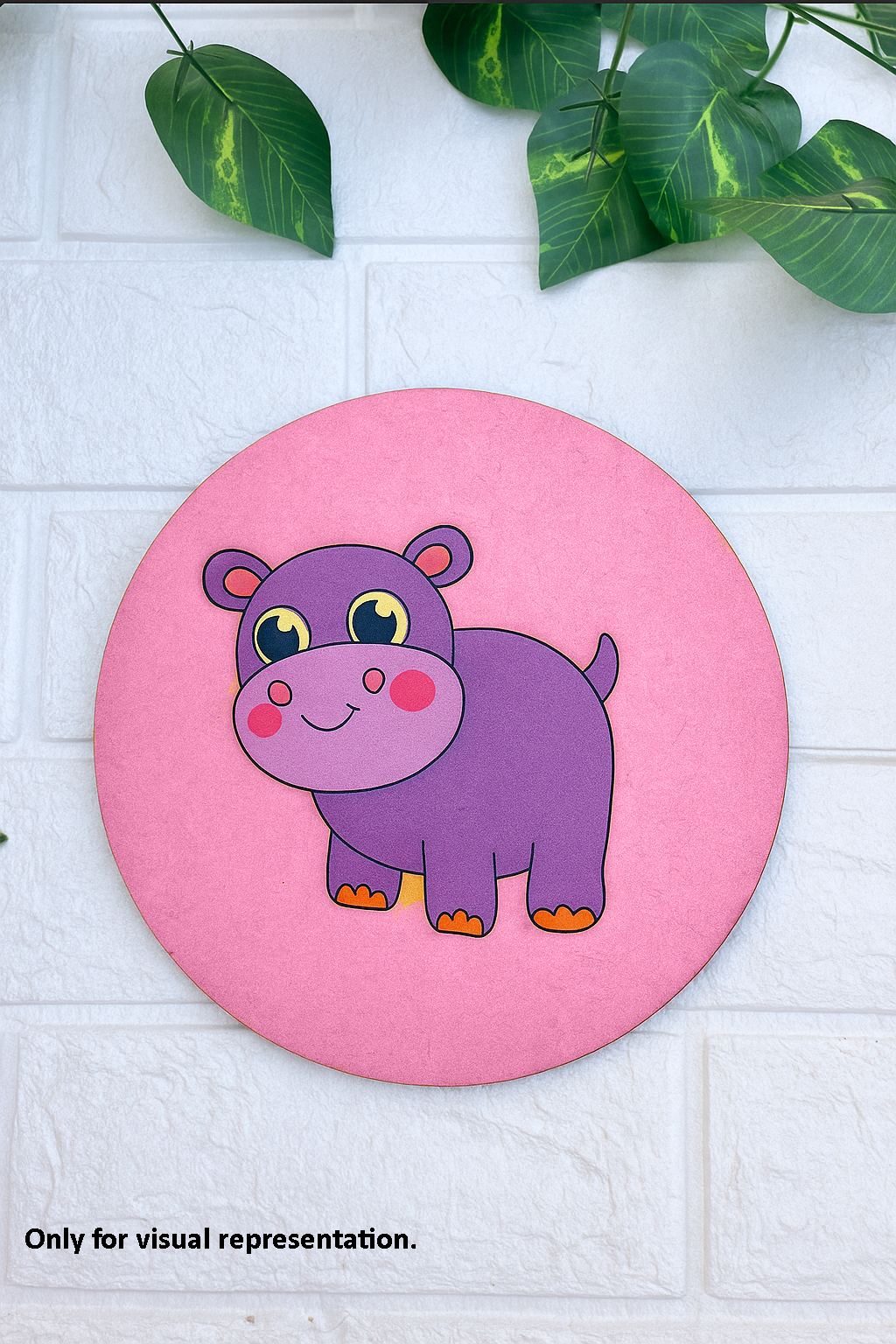 Round MDF pre-marked base with cute cartoon hippo painted in bright colors for kids DIY craft