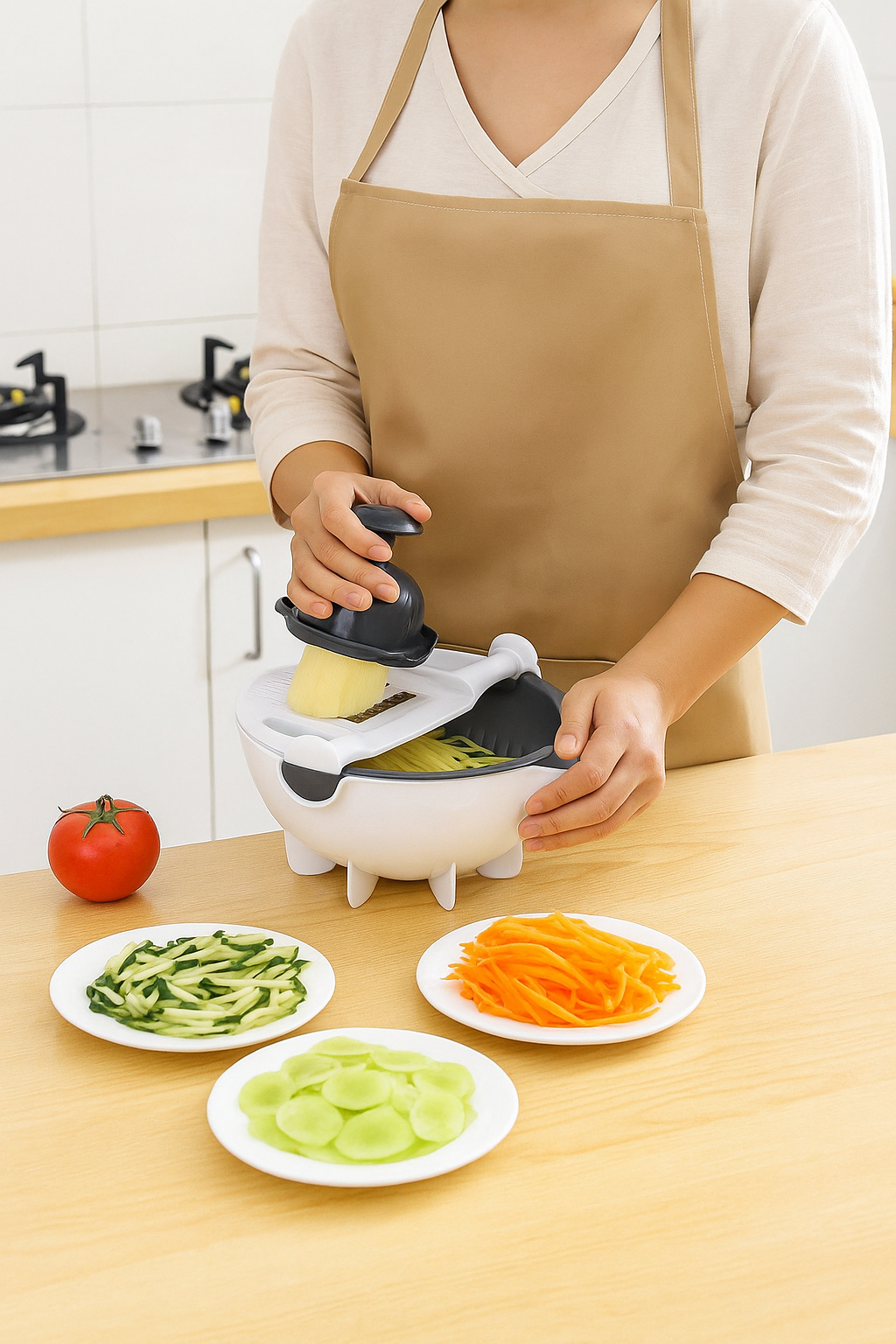 Slicing with the vegetable chopper in various shapes and sizes.