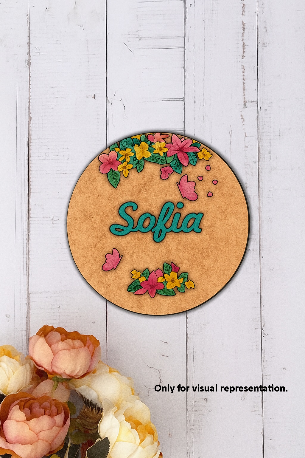 Personalized MDF floral name plate with engraved Sofia text and colorful flowers.
