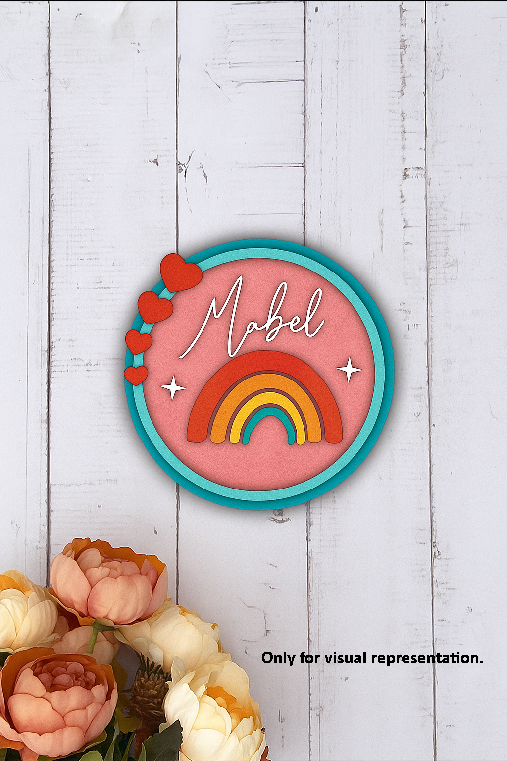 Personalized MDF Kids’ Name Plate with Rainbow and Hearts – Painted Design