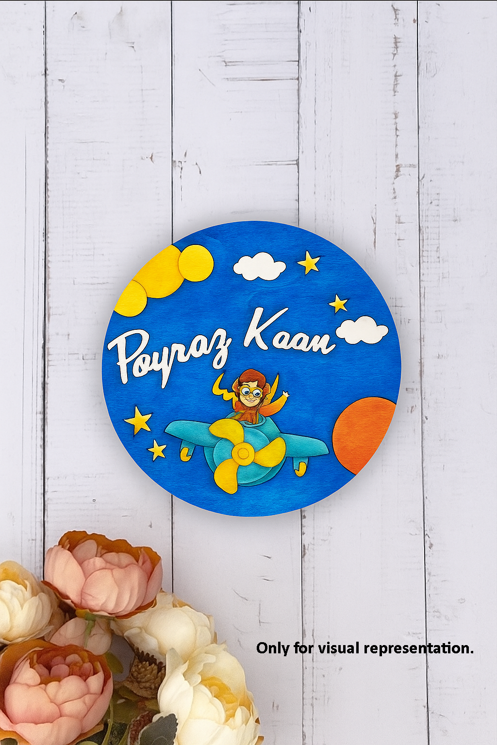 Colored MDF Kids Name Plate with airplane and child pilot – customized with “Poyraz Kaan