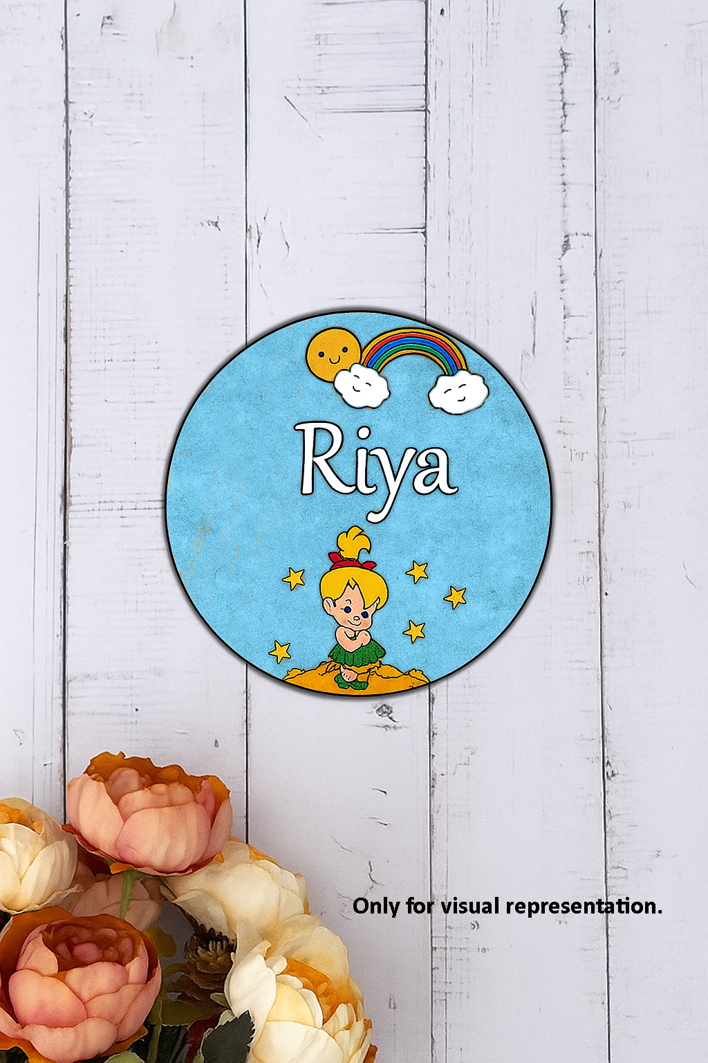 Personalized kids MDF name plate with cartoon fairy, rainbow, stars, and custom name engraving – ideal for kids’ room décor