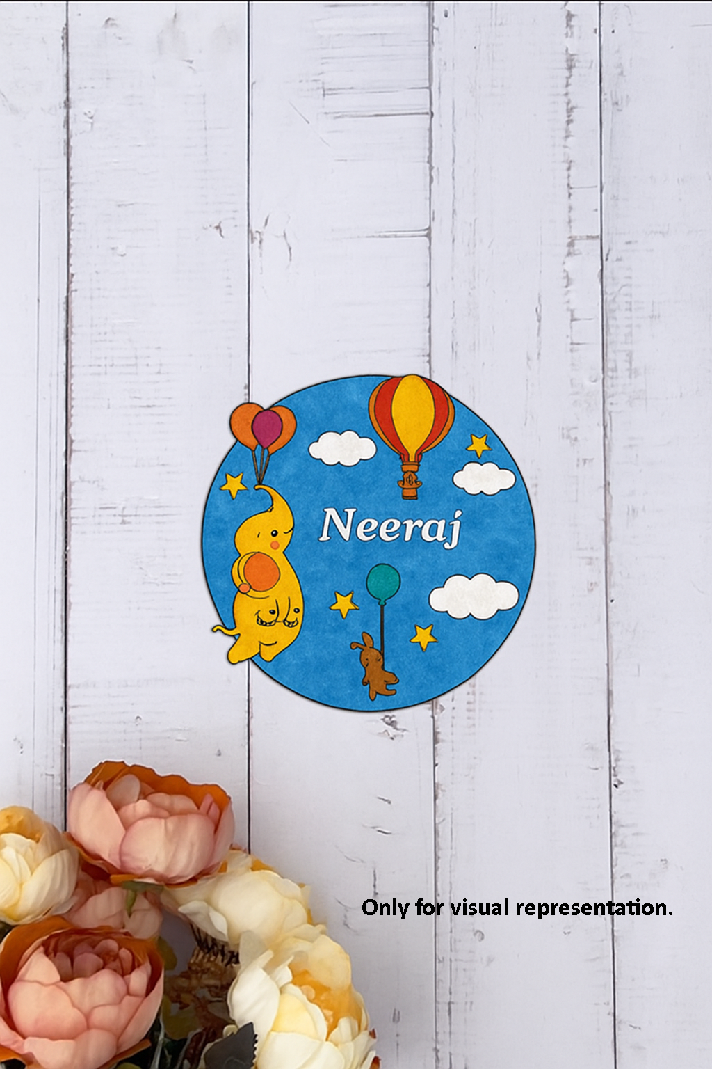 DIY MDF Hot Air Balloon Name Plate – Personalized Engraved Craft Base with Balloons, Clouds & Stars