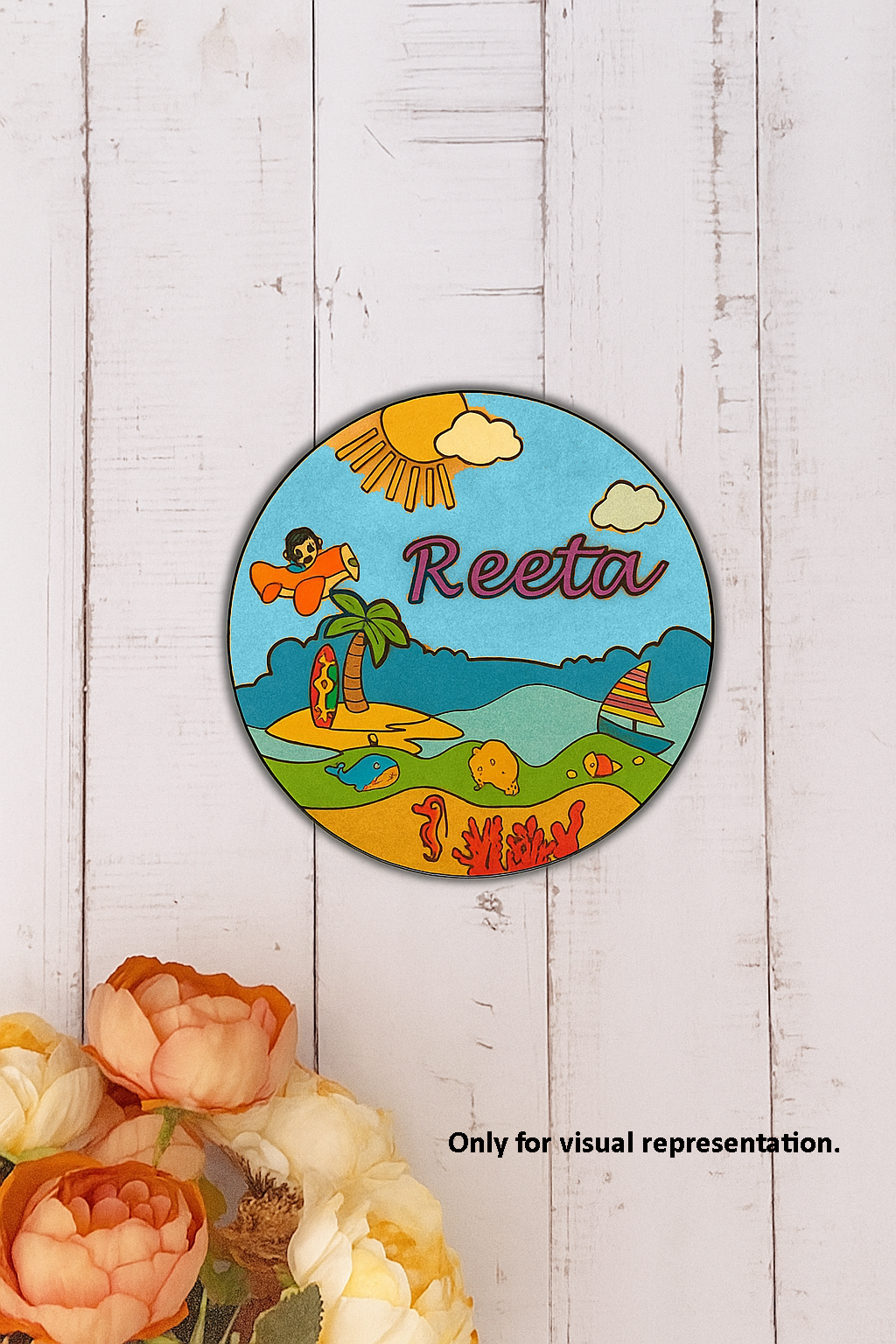 DIY MDF Beach & Ocean Theme Name Plate with Sun, Waves & Fishes – Personalized Craft Base for Kids