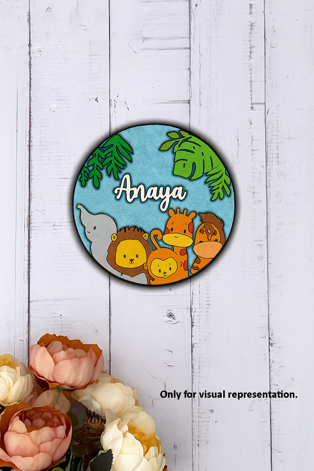 DIY Jungle Animals MDF Name Plate with Personalized Engraving – Elephant, Lion, Giraffe & Monkey Design