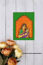 Traditional Rajasthani lady wall hanging with pigeon on green MDF base.