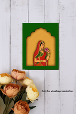 MDF wall hanging of Rajasthani lady holding lotus – green frame décor