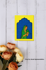 MDF wall hanging of Rajasthani lady with parrot – yellow frame décor.