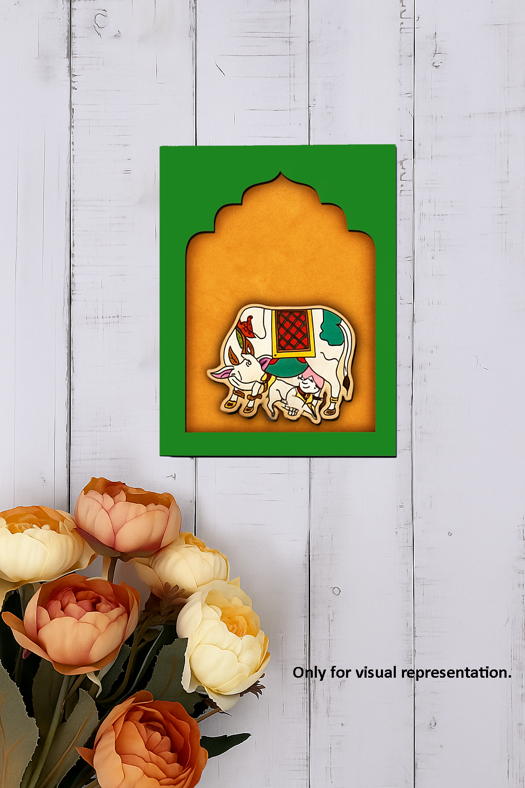Colored Image: Cow with calf traditional MDF wall hanging in green frame