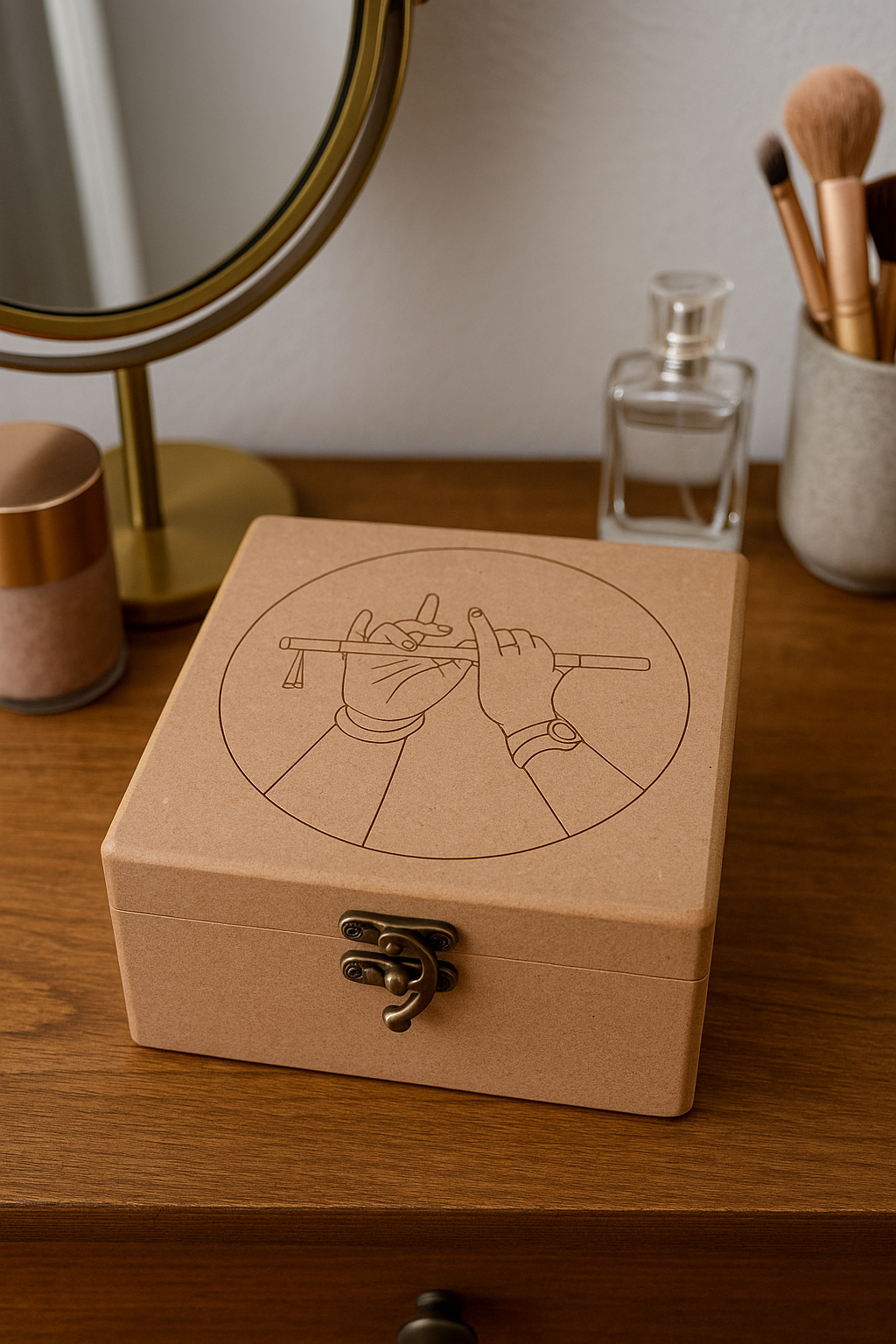 MDF storage organizer with Krishna flute motif – side angle display