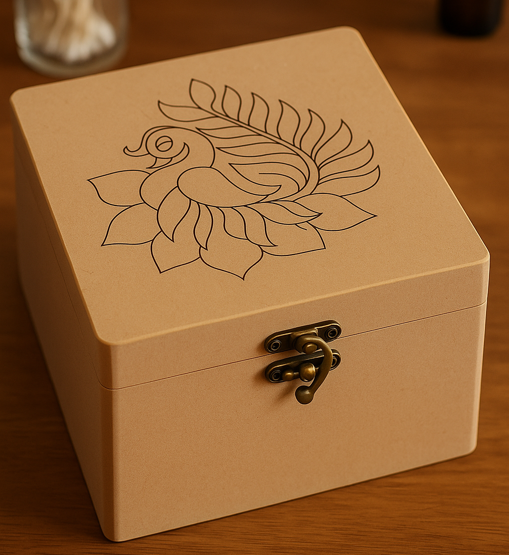 MDF lock box with peacock engraving and metal latch – top view
