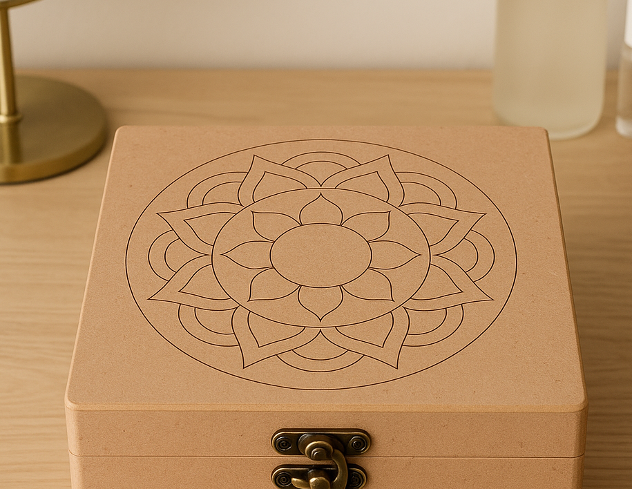 Mandala engraved MDF lock box for jewelry and valuables – close-up