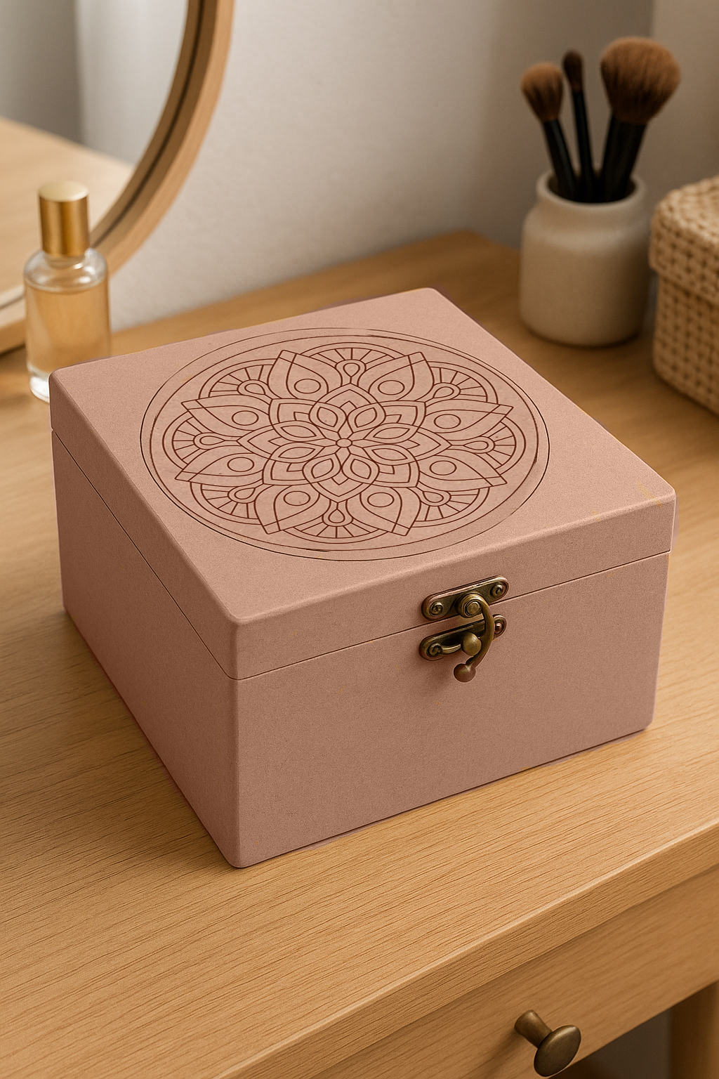 Wooden storage lock box with detailed mandala design – dresser display