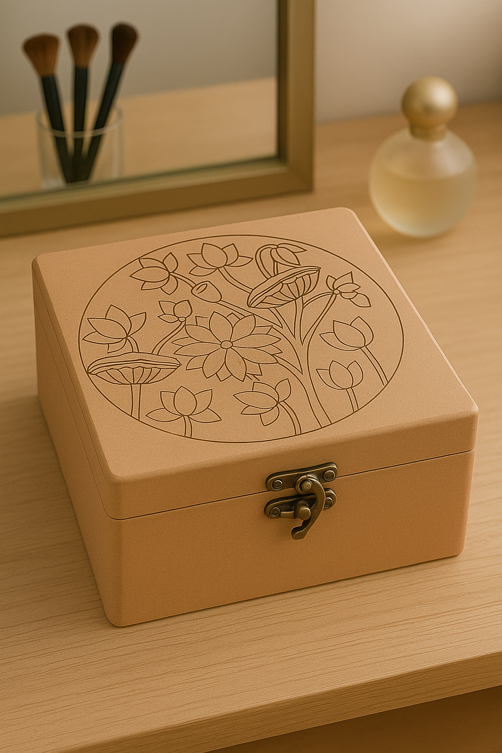 Close-up of engraved lotus design on MDF lock box lid