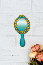 Hand-painted MDF handheld mirror in teal blue with golden accents
