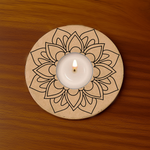 Petal mandala engraved MDF round T-Light Candle Holder with lit tealight