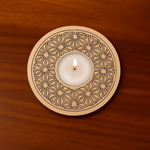 MDF Geometric Pattern Candle Holder – Round Laser Cut Plate on Wooden Table