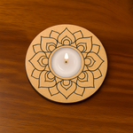 MDF Lotus Design Kaar Candle Holder with Candle Lit on Wooden Surface