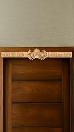 Shubh Labh toran in natural MDF finish installed on wooden door – perfect for minimal and rustic home décor