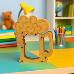 Beer mug-shaped MDF piggy bank with foam design, eco-friendly coin saving box for kids and adults