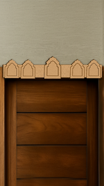 Five-arch MDF toran with symmetrical cut design – displayed on wooden door frame in natural finish.