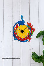 Colorful peacock design MDF wall clock with yellow dial, blue peacock, and red-green artistic feathers – decorative home wall décor