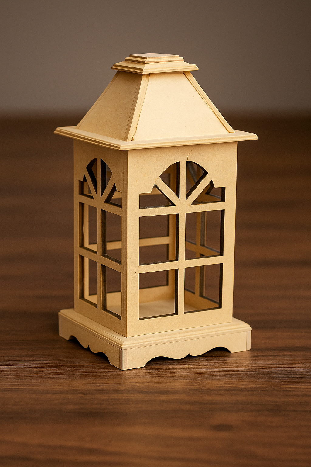 MDF lantern candle holder with window cutouts and pyramid top – decorative