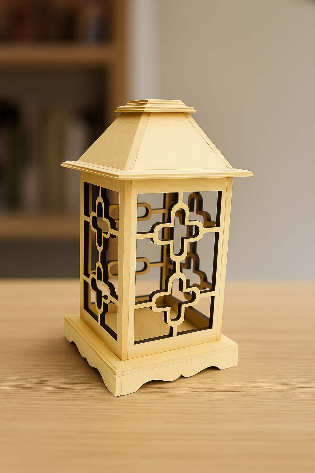 MDF lantern candle holder with geometric cutout design and natural wooden finish – perfect for home, wedding and festive décor