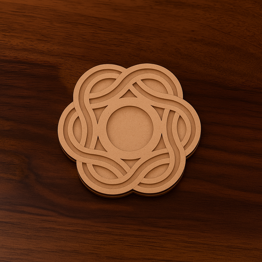 Laser-cut geometric MDF tea light holder with floral pattern, placed on a wooden surface, ideal for festive DIY art and decoration.