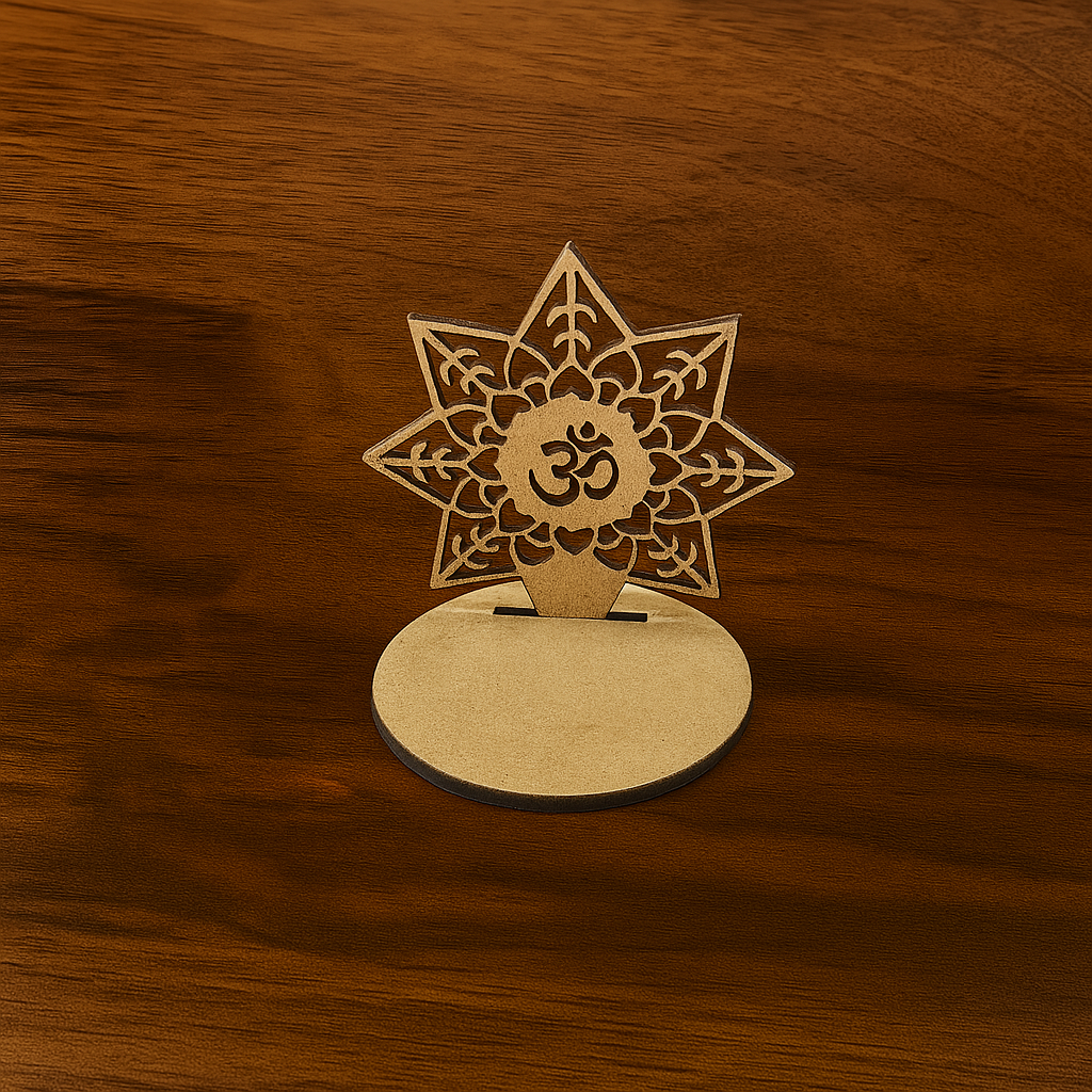 Laser-cut MDF Om symbol standee with floral mandala design on an oval wooden base, ideal for pooja room or meditation decor