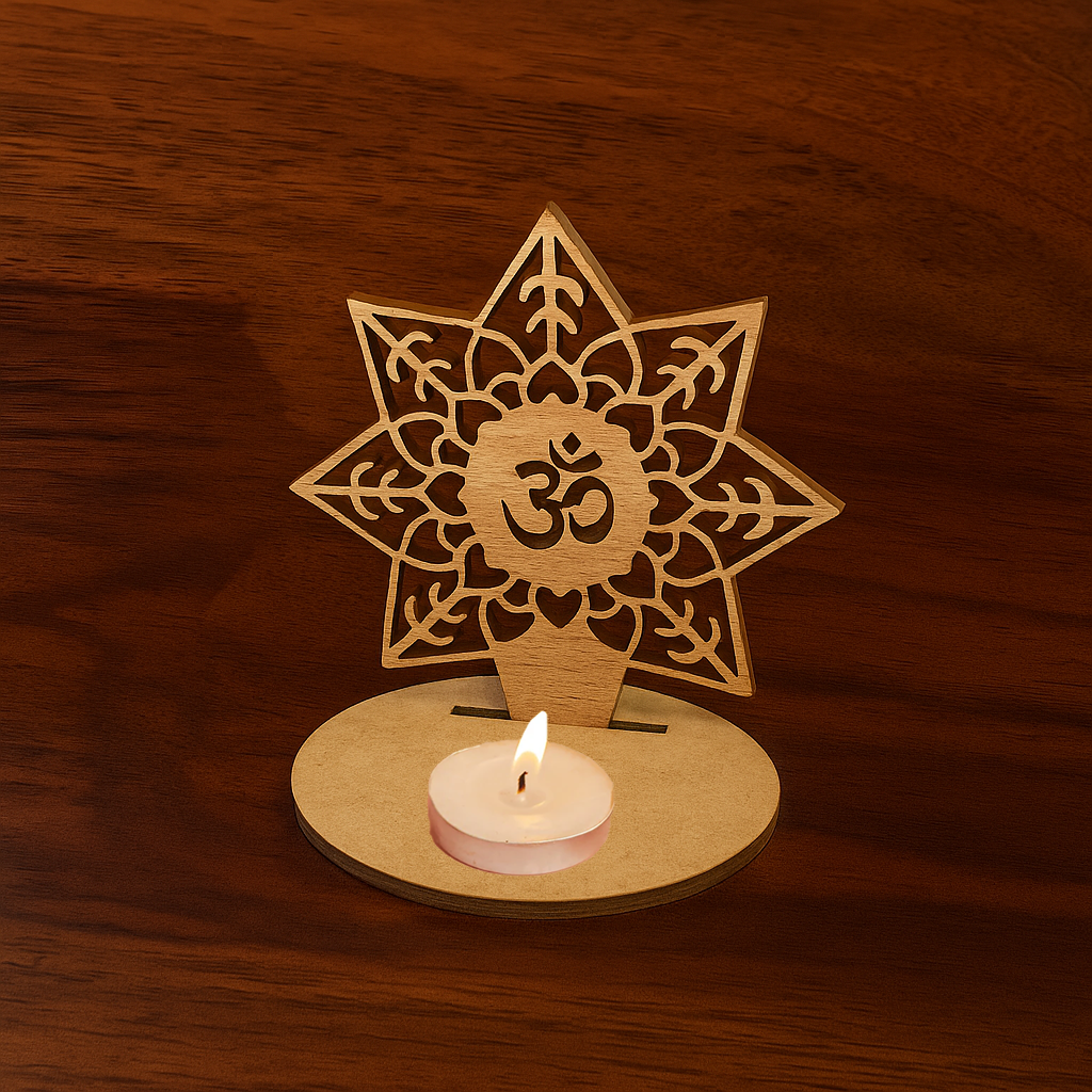 Decorative wooden Om tabletop piece with intricate lotus and leaf cutwork, placed on a wooden background, perfect for spiritual gifting
