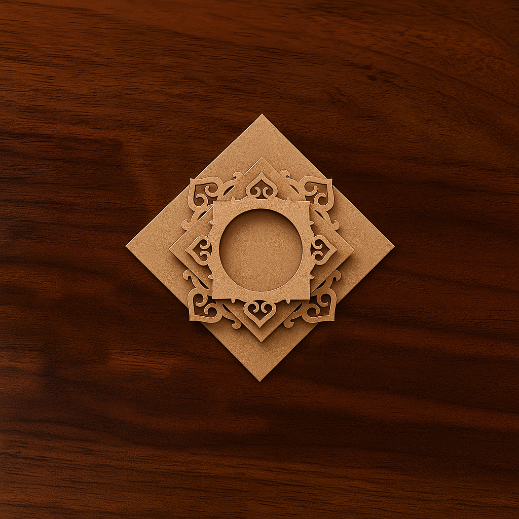 Chatushpad square MDF tealight holder with layered laser-cut design placed on polished wooden surface