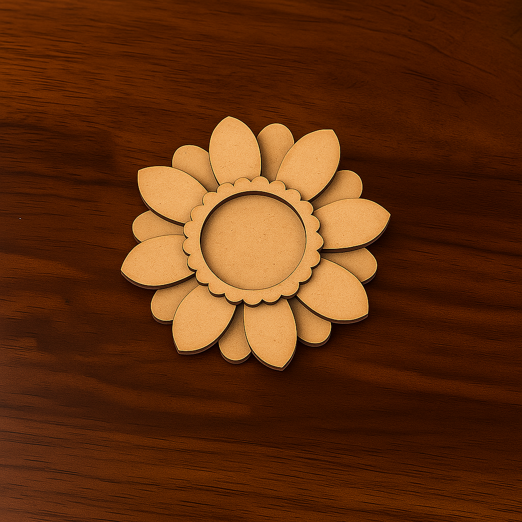 Daisy-shaped MDF tealight holder with layered floral petals, handcrafted in 4mm wood, placed on dark wooden surface