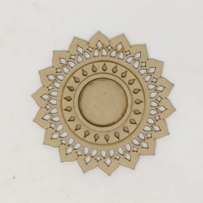 Round MDF DIY tea light holder base with intricate mandala cutwork design, perfect for resin art, decoupage, and festive Diwali décor