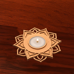 3-Layer Flower-Shaped MDF Tea-Light Holder on wooden table – laser-cut decorative candle stand for home décor and festivals
