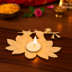 MDF Krishna ji's hands shape tealight candle holder with wooden lotus design on a wooden surface, surrounded by Diwali decorations.