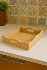 DIY scalloped MDF serving tray with handles on countertop