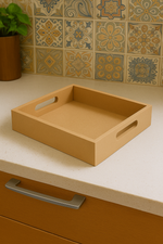 DIY rectangular MDF serving tray with handles on countertop