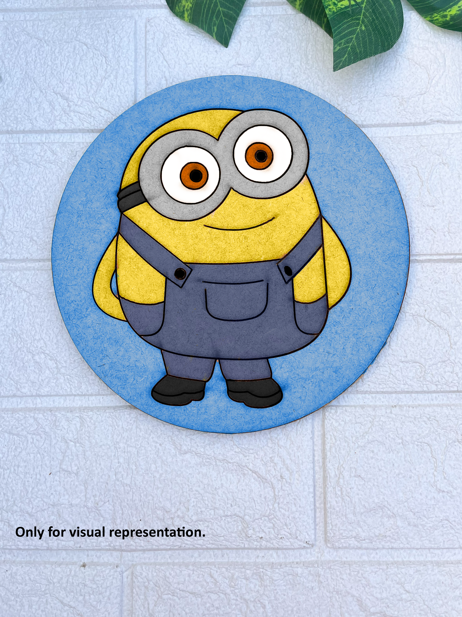 Round MDF pre-marked base with Minion-inspired cartoon character painted in yellow and blue for kids craft