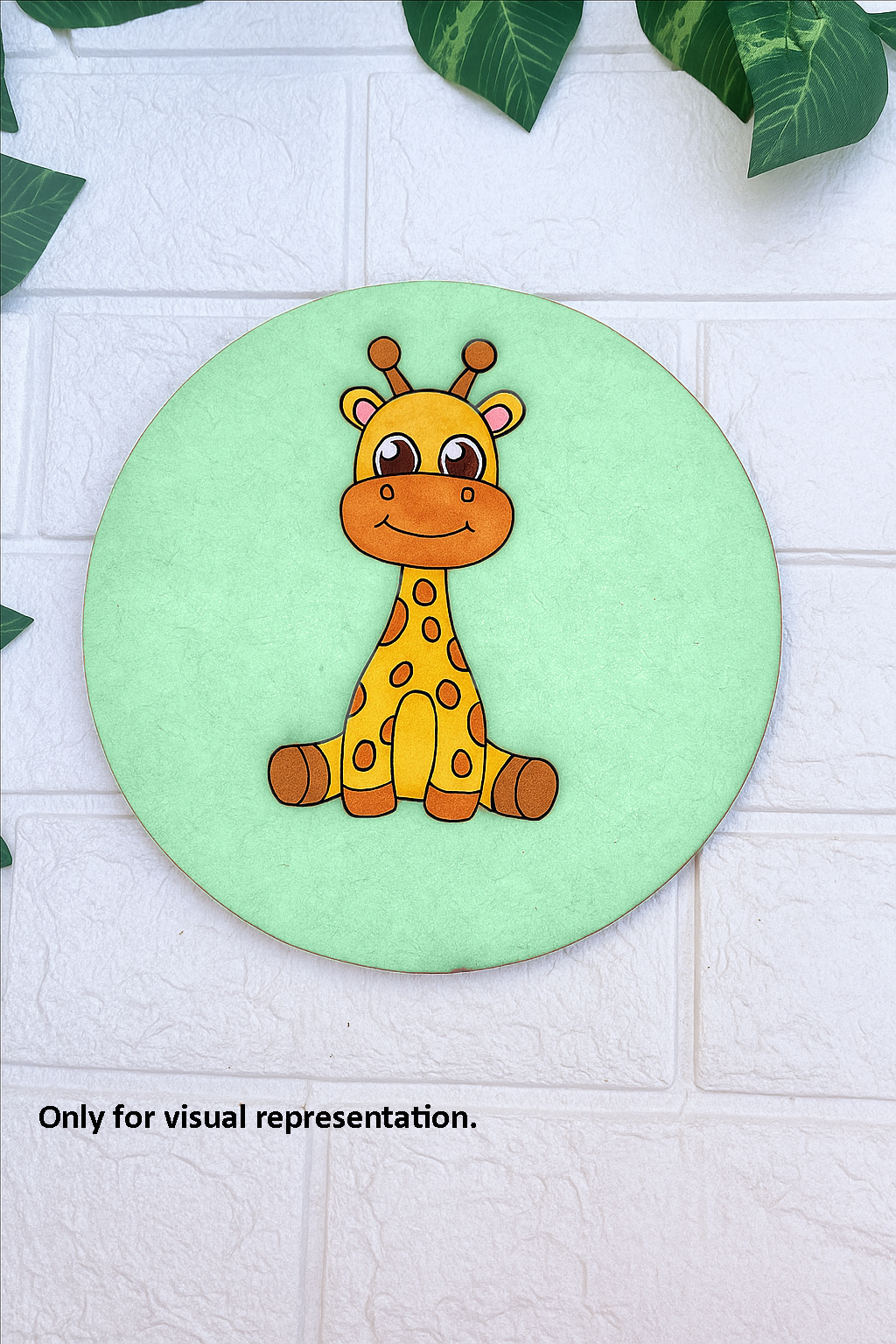 Round MDF pre-marked base with cute cartoon giraffe painted in bright colors for kids DIY craft