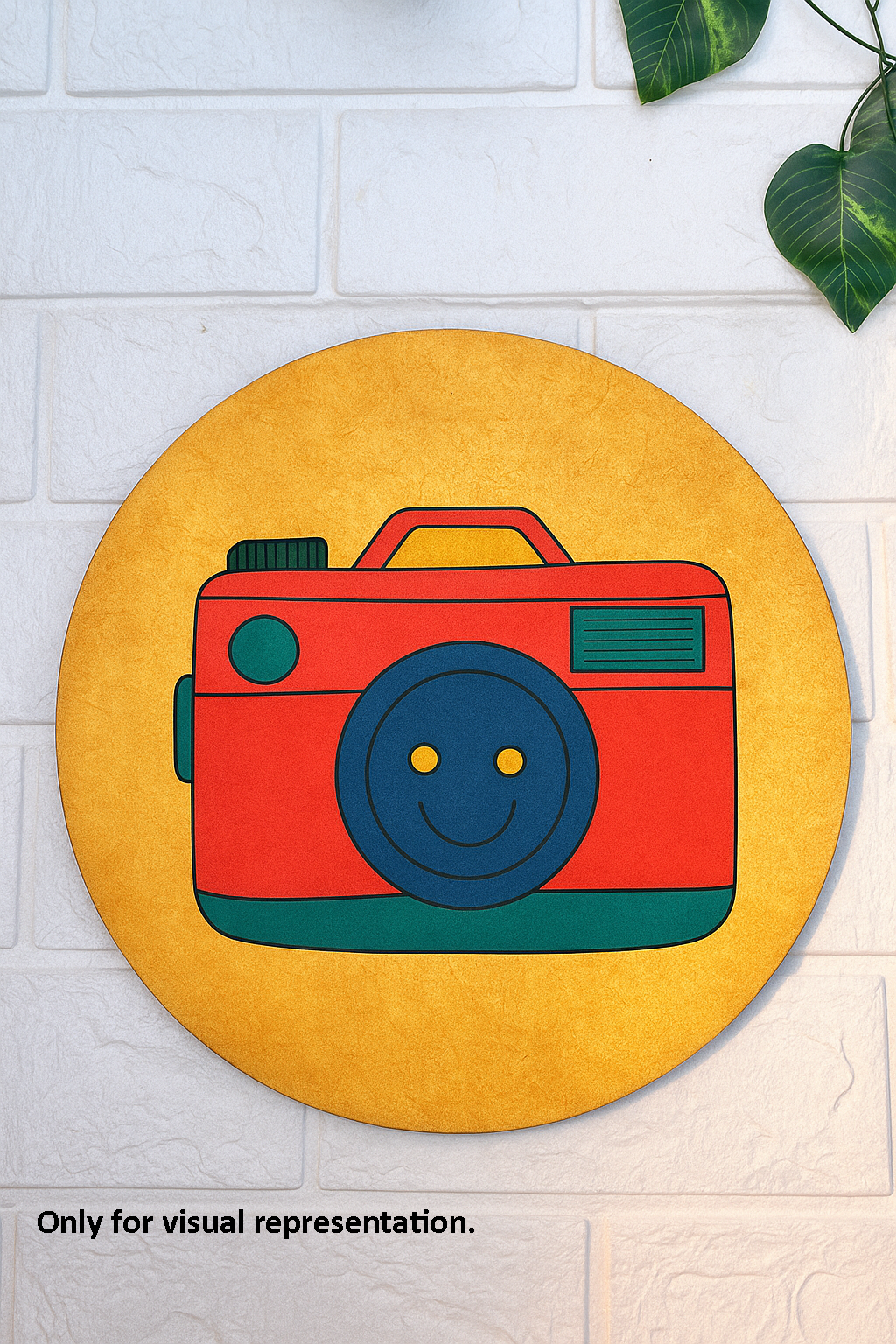 Round MDF pre-marked base with cartoon camera design painted in bright colors for kids DIY craft