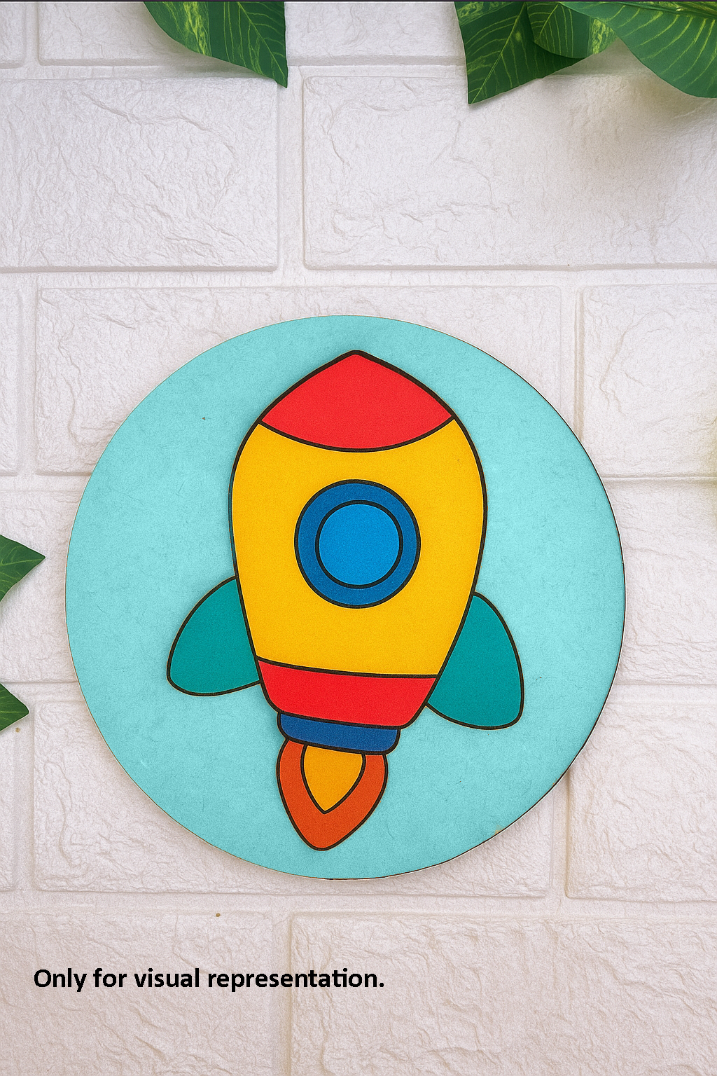 Round MDF pre-marked base with colorful cartoon rocket painted for kids DIY craft