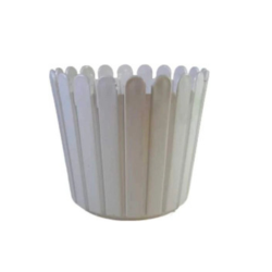 Round white planter with a picket fence-style design, ideal for enhancing indoor and outdoor decor
