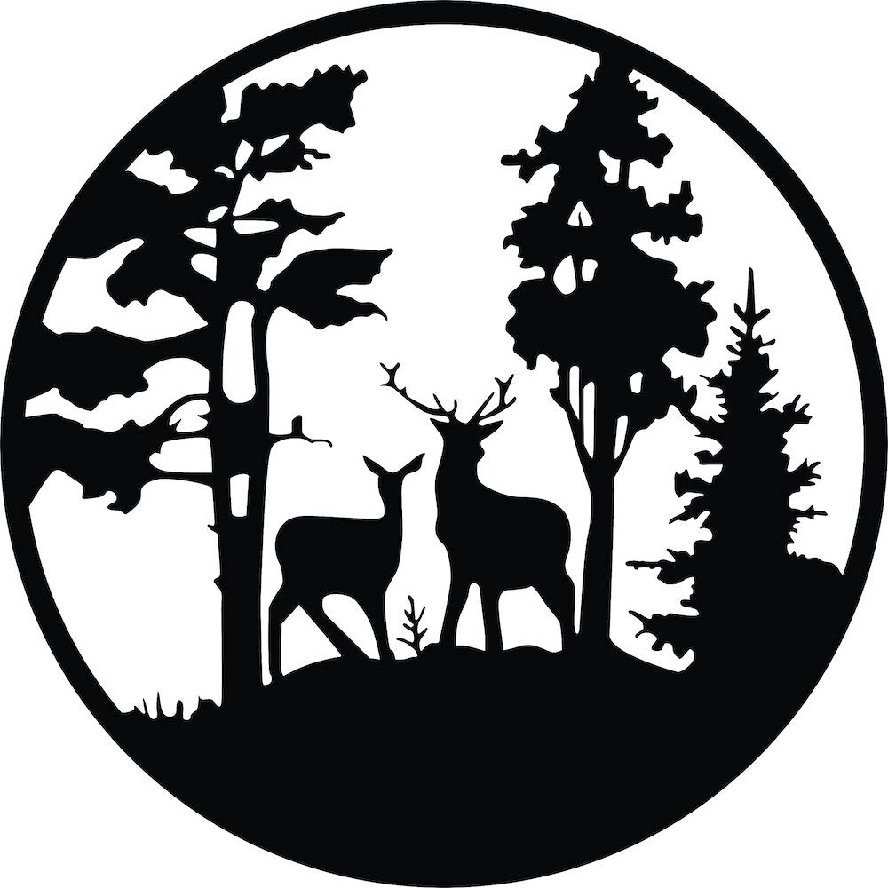 Round MDF wall art featuring a serene forest scene with two deer surrounded by trees. The image focuses on the product.