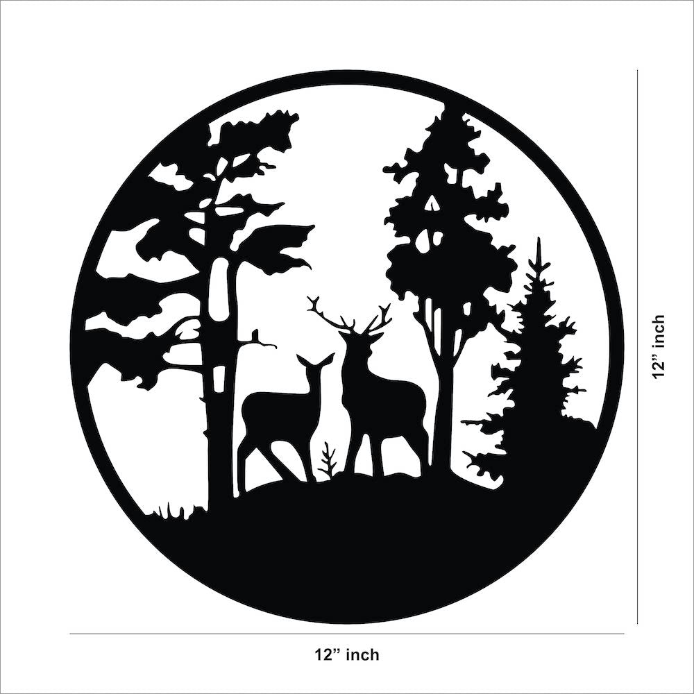 Round MDF wall art featuring a serene forest scene with two deer surrounded by trees. The image shows the dimensions of the product that is 12 inch in diameter.