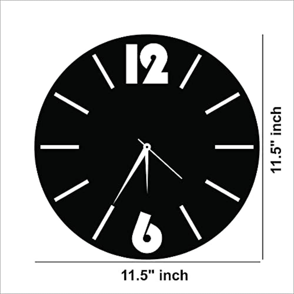 Stylish black wall clock with white "12" and "6" numerals, white hands, and a minimalist design, ideal for modern home decor or office interiors. Showing the size of the clock that is 11.5 inch in diameter.